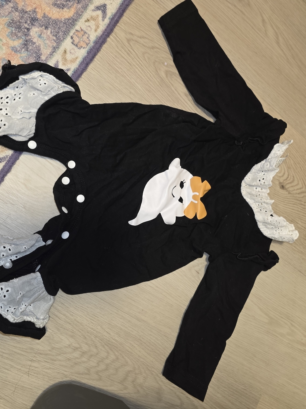 Black Baby Romper with Ghost Graphic and Eyelet Trim